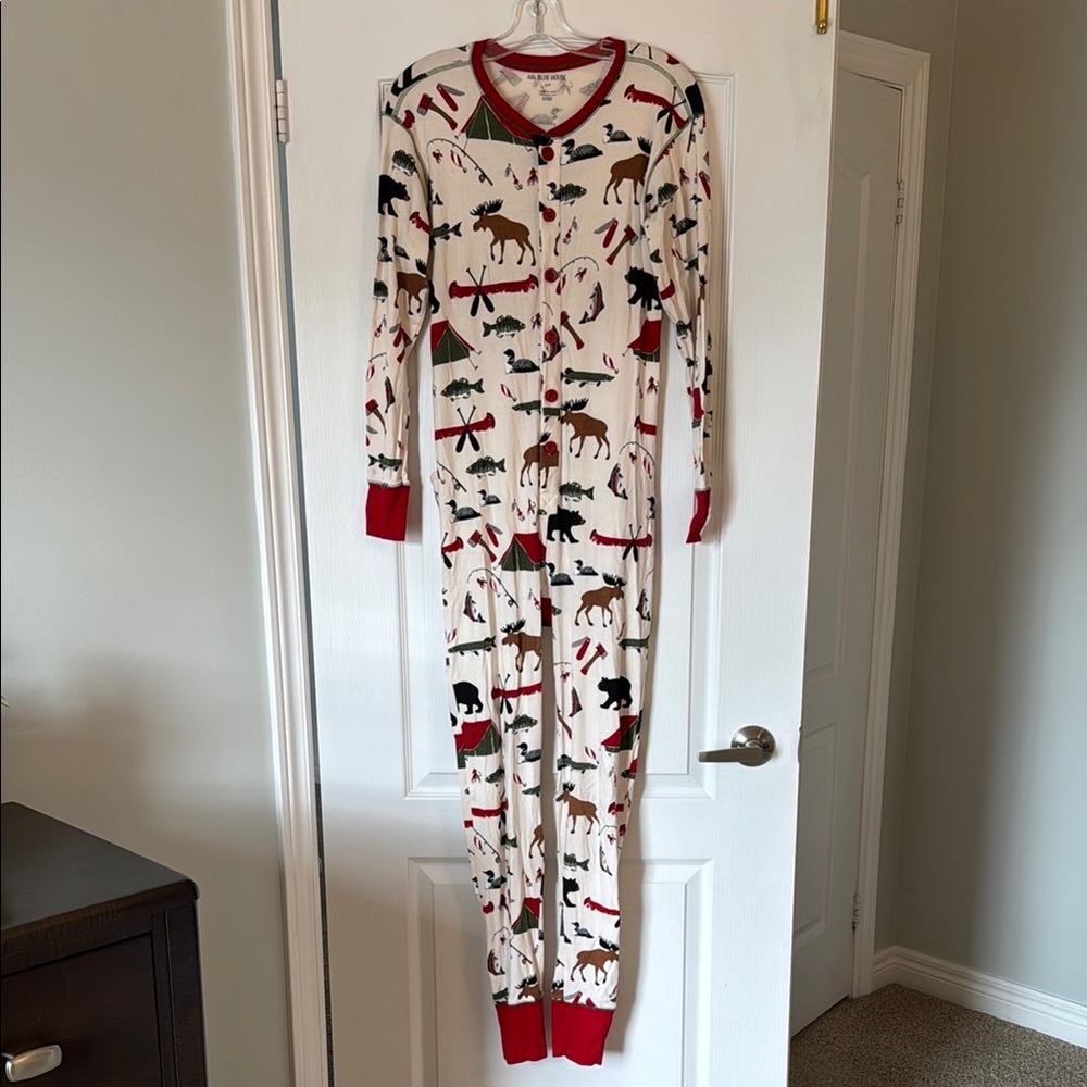 Little Blue House Happy Camper Cream and Red Adult Women’s Pajamas Union Suit